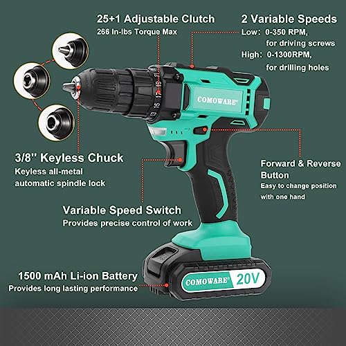 COMOWARE 20V Drill Set: Battery, Charger, 34 Drill Bits