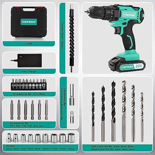 COMOWARE 20V Drill Set: Battery, Charger, 34 Drill Bits