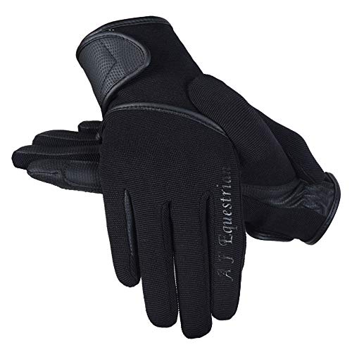 AFE Ladies Horse Riding Gloves Track Fabric Gloves Synthetic Leather Equestrian Black Stretch Fabric Pink Purple Lilac (Black Finger Print, Small)