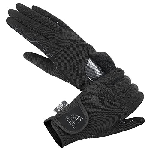 AFE Ladies Horse Riding Gloves Track Fabric Gloves Synthetic Leather Equestrian Black Stretch Fabric Silicone Printed Palms (Medium)