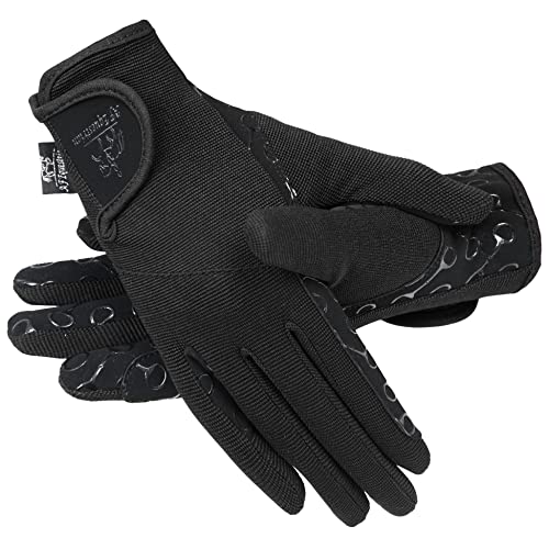 AFE Ladies Horse Riding Gloves Track Fabric Gloves Synthetic Leather Equestrian Black Stretch Fabric Silicone Printed Palms (Medium)