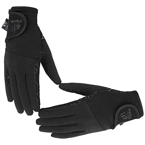 AFE Ladies Horse Riding Gloves Track Fabric Gloves Synthetic Leather Equestrian Black Stretch Fabric Silicone Printed Palms (Medium)