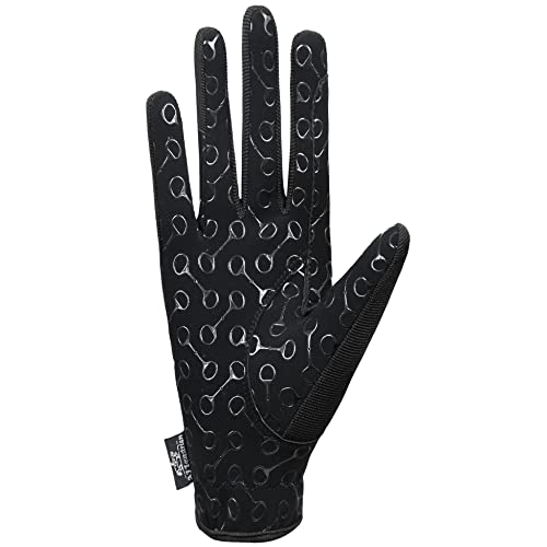 AFE Ladies Horse Riding Gloves Track Fabric Gloves Synthetic Leather Equestrian Black Stretch Fabric Silicone Printed Palms (Medium)