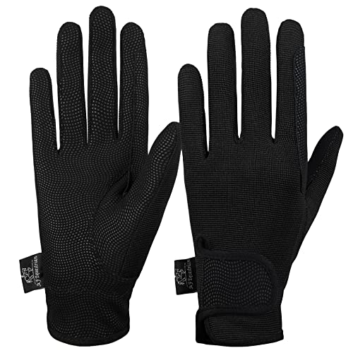 AFE Ladies Horse Riding Gloves Track Fabric Gloves Synthetic Leather Equestrian Black Stretch Fabric (Medium)