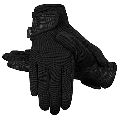AFE Ladies Horse Riding Gloves Track Fabric Gloves Synthetic Leather Equestrian Black Stretch Fabric (Medium)