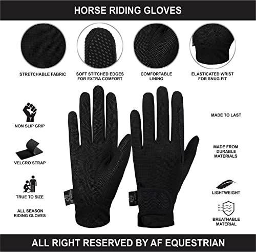AFE Ladies Horse Riding Gloves Track Fabric Gloves Synthetic Leather Equestrian Black Stretch Fabric (Medium)