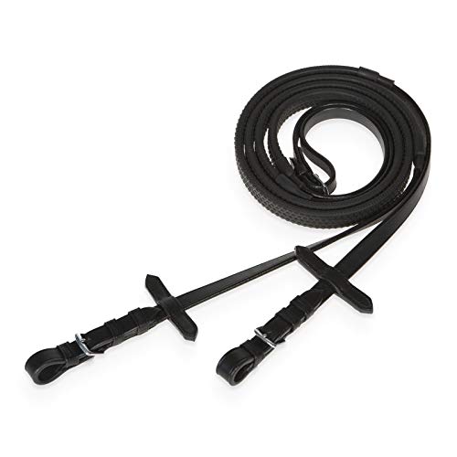 Cwell Equine Leather Inserts Grip Rubber Reins with Martingale Stoppers For Horse Cob Pony Black (Full)
