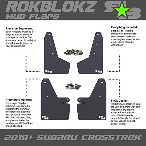 RokBlokz Mud Flaps for 2018 + Subaru Crosstrek - Multiple Colors Available - Mud Guards are Custom Cut and Fit - Includes All Mounting Hardware (Bright Blue with Black Logo)