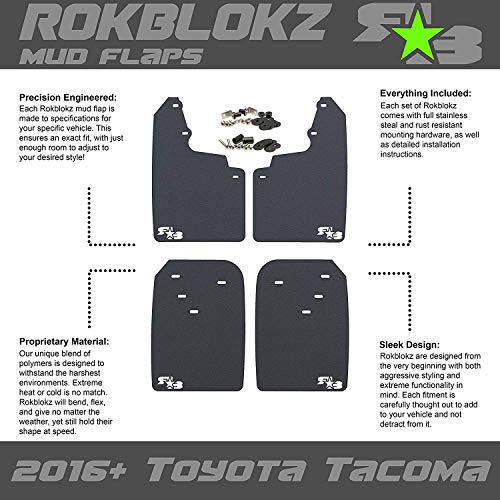 RokBlokz Mud Flaps for Toyota Tacoma - Fits 2016+ Model Years - Multiple Colors Available - Set of 4 - Includes Hardware and Detailed Instructions (Regular, Deep Blue with Black Logo)
