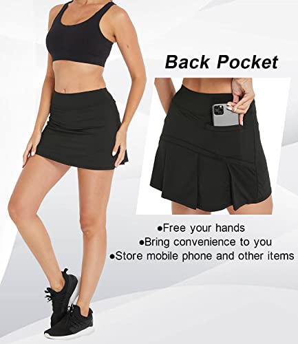 Cityoung Womens Athletic Pleated Golf Skirts with Pockets Tennis Skirt High Waisted with Shorts Running Workout Black M
