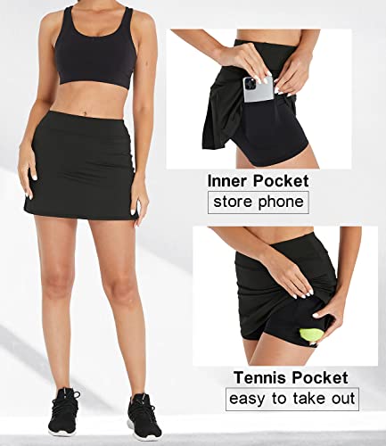 Cityoung Womens Athletic Pleated Golf Skirts with Pockets Tennis Skirt High Waisted with Shorts Running Workout Black M