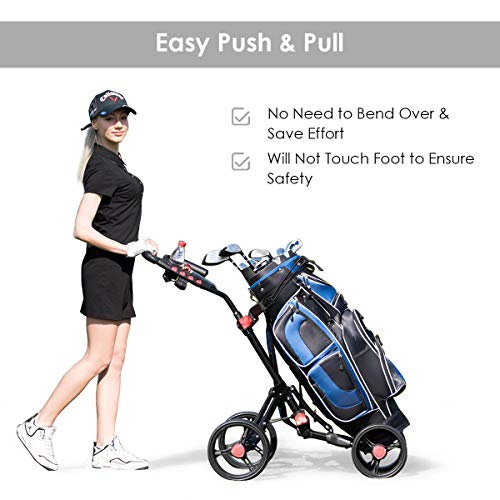 Tangkula Golf Push Pull Cart, Lightweight Aluminum Collapsible 4 Wheels Golf Push Cart, Golf Trolley with Foot Brake, Free Cup Holder & Umbrella Holder, Height-Adjustable Handle (Black)