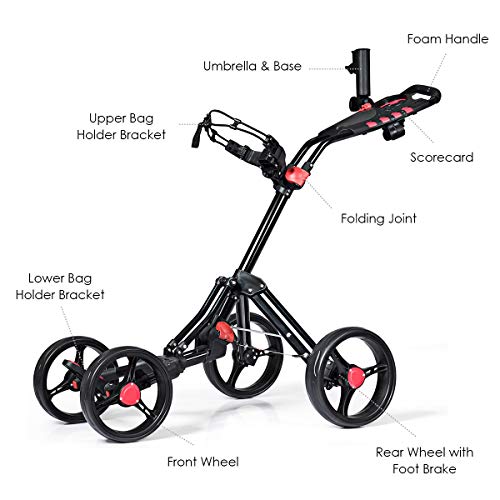 Tangkula Golf Push Pull Cart, Lightweight Aluminum Collapsible 4 Wheels Golf Push Cart, Golf Trolley with Foot Brake, Free Cup Holder & Umbrella Holder, Height-Adjustable Handle (Black)