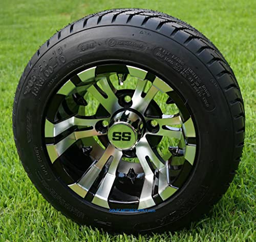 10" VAMPIRE Machined/Black GOLF CART WHEELS AND 205/50-10 LOW PROFILE GOLF CART TIRES COMBO - SET OF 4