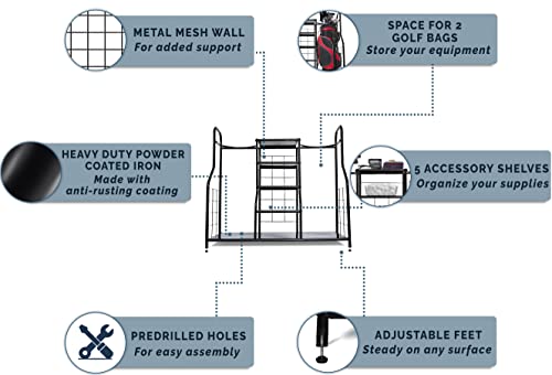Morvat Golf Organizer Extra Large Double Metal Black Stand Perfect Way to Store & Organize Your Golfing Bags, Clubs, Balls, Gadgets, Accessories & Equipment in Shed, Basement, and Garage