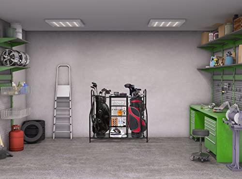 Morvat Golf Organizer Extra Large Double Metal Black Stand Perfect Way to Store & Organize Your Golfing Bags, Clubs, Balls, Gadgets, Accessories & Equipment in Shed, Basement, and Garage