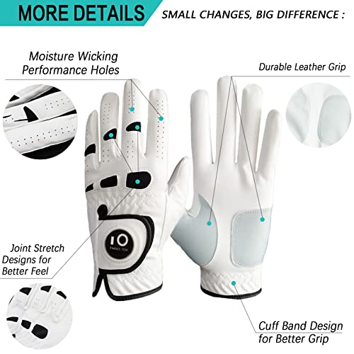 FINGER TEN Men’s Golf Glove Left Hand Right with Ball Marker Value 2 Pack, Weathersof Grip Soft Comfortable, Fit Size Small Medium ML Large XL (X-Large, Worn on Left Hand)