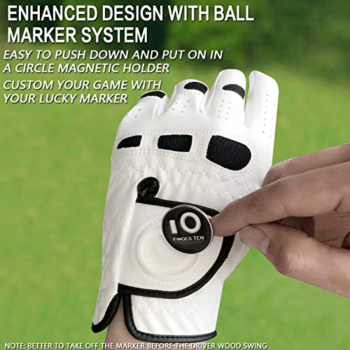 FINGER TEN Men’s Golf Glove Left Hand Right with Ball Marker Value 2 Pack, Weathersof Grip Soft Comfortable, Fit Size Small Medium ML Large XL (X-Large, Worn on Left Hand)