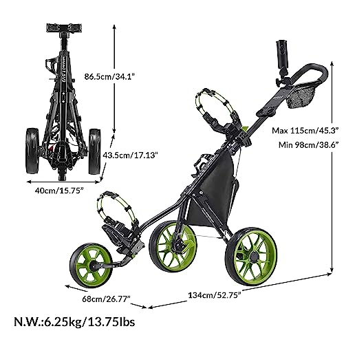 Caddytek CaddyLite 11.5 V3 3 Wheel Golf Push Cart - Superlite Deluxe, Lightweight, Easy to Fold Caddy Cart Pushcart, Black/Lime