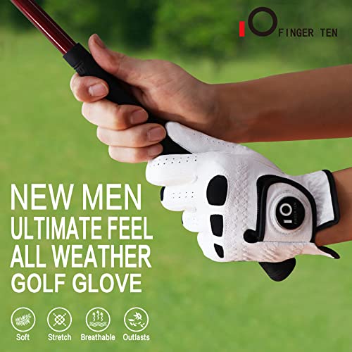 FINGER TEN Men’s Golf Glove Left Hand Right with Ball Marker Value 2 Pack, Weathersof Grip Soft Comfortable, Fit Size Small Medium ML Large XL (X-Large, Worn on Left Hand)