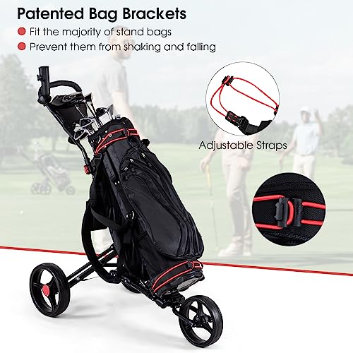 Tangkula Golf Push Pull Cart, Lightweight Foldable Collapsible 3 Wheels Golf Push Cart, Golf Trolley with Elastic Strap, Cup Holder, Scoreboard Storage & Foot Brake