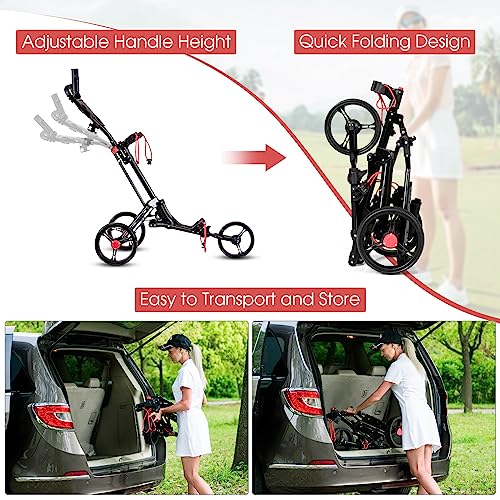 Tangkula Golf Push Pull Cart, Lightweight Foldable Collapsible 3 Wheels Golf Push Cart, Golf Trolley with Elastic Strap, Cup Holder, Scoreboard Storage & Foot Brake
