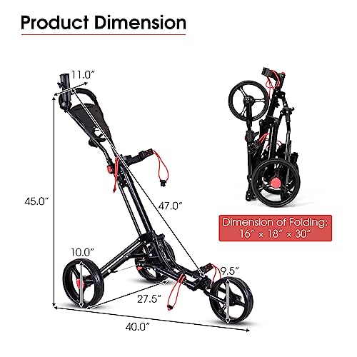 Tangkula Golf Push Pull Cart, Lightweight Foldable Collapsible 3 Wheels Golf Push Cart, Golf Trolley with Elastic Strap, Cup Holder, Scoreboard Storage & Foot Brake