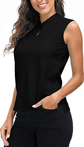 Golf Polo Shirts for Women Slim Fit Woman Sleeveless Sports Shirts Quick Dry Athletic Tank Tops for Tennis Work with Zipper Black
