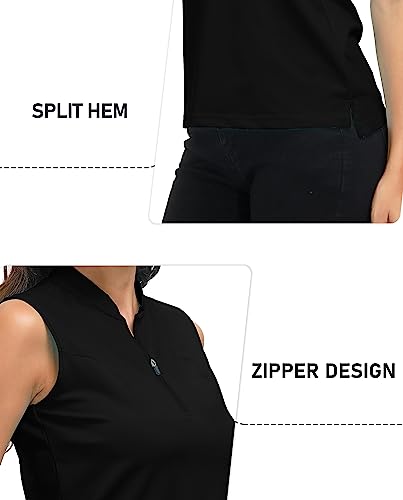 Golf Polo Shirts for Women Slim Fit Woman Sleeveless Sports Shirts Quick Dry Athletic Tank Tops for Tennis Work with Zipper Black