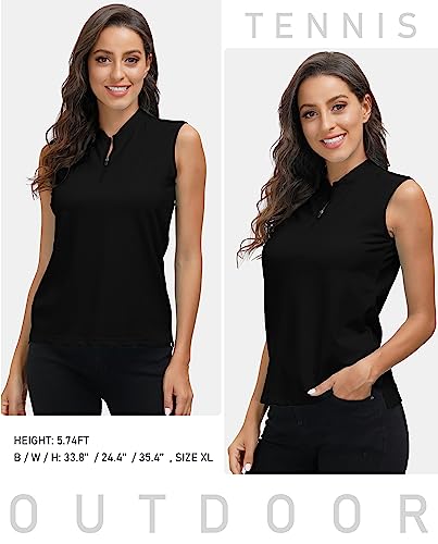 Golf Polo Shirts for Women Slim Fit Woman Sleeveless Sports Shirts Quick Dry Athletic Tank Tops for Tennis Work with Zipper Black