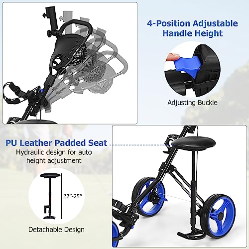Tangkula Golf Push Cart with Seat, Lightweight Folding 3 Wheels Golf Pull Cart, Golf Trolley with Scoreboard Bag Foot Brake, Cup & Umbrella Holder, Height-Adjustable Handle, Golf Push Pull Cart