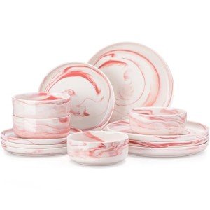 Marble Pink Porcelain Dinnerware Set, 12 Pieces