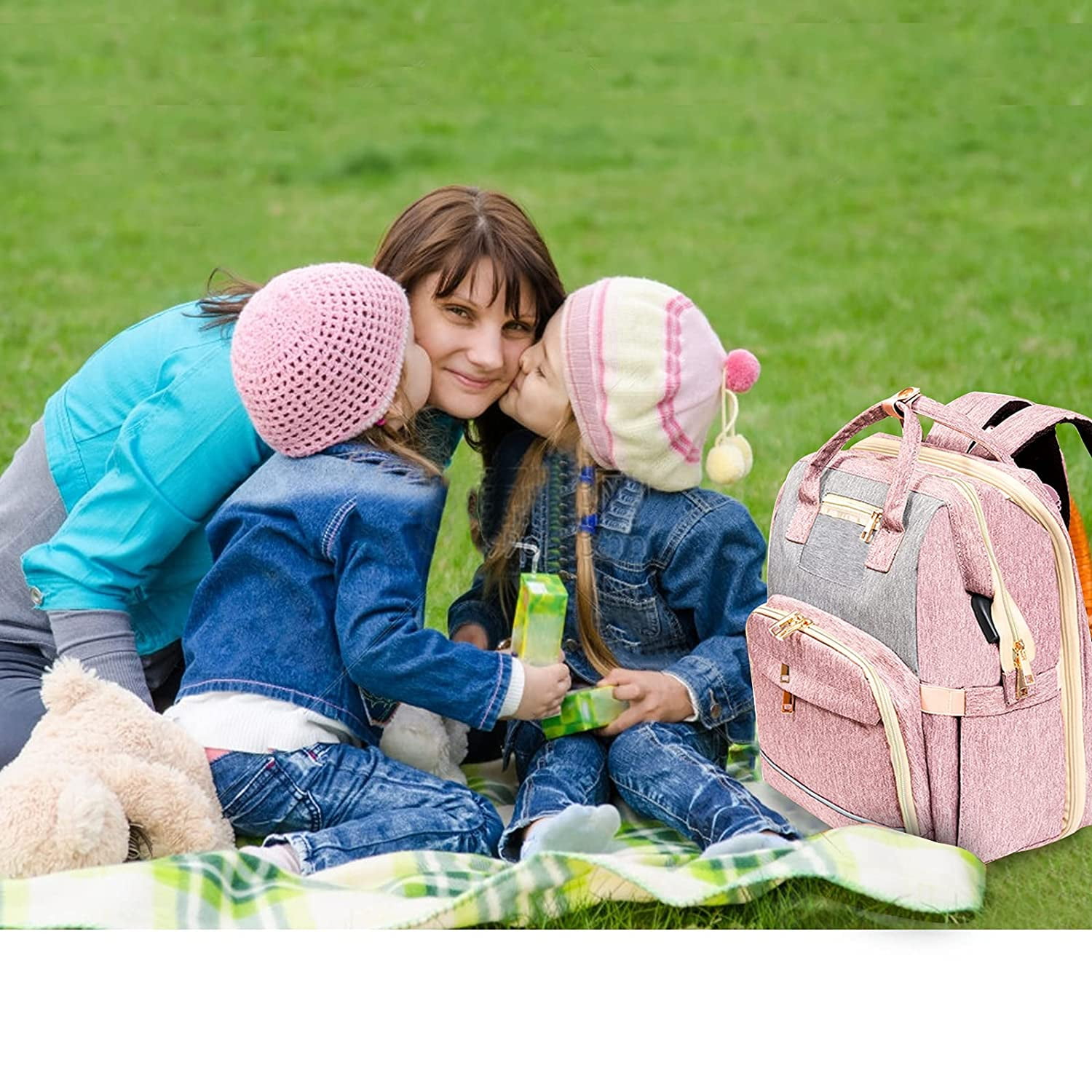 Pink Diaper Bag Backpack with Changing Station and USB