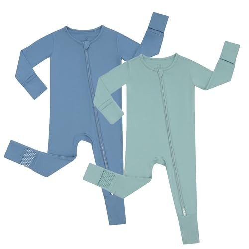 Blue Bamboo Baby Sleeper with Mittens & Zipper