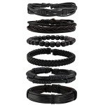 6 Pack Black Braided Leather Wristbands for All