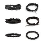 6 Pack Black Braided Leather Wristbands for All