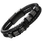 Black Braided Leather Bracelet with Stainless Steel Accents