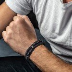 Black Braided Leather Bracelet with Stainless Steel Accents