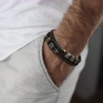 Black Braided Leather Bracelet with Stainless Steel Accents