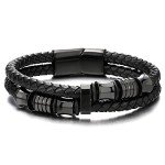 Black Braided Leather Bracelet with Stainless Steel Accents
