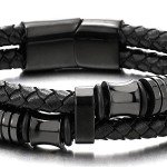 Black Braided Leather Bracelet with Stainless Steel Accents