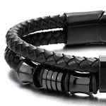 Black Braided Leather Bracelet with Stainless Steel Accents