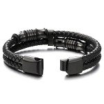 Black Braided Leather Bracelet with Stainless Steel Accents