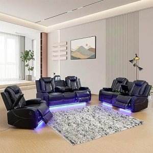 Luxury Power Recliner Sectional Sofa Set - Black