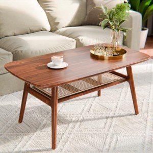 Oval Acacia Wood Coffee Table with Rattan Shelf