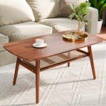 Oval Acacia Wood Coffee Table with Rattan Shelf