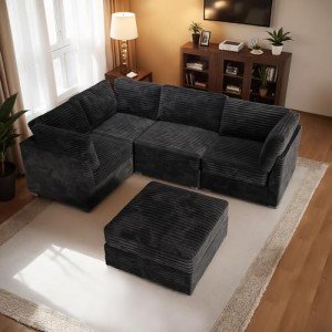 HOOOWOOO Modular Black Velvet Sectional Sofa Set