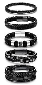 Black Leather and Steel Bracelets Set for All