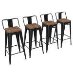 Set of 4 Black Metal Bar Stools with Wood Seats