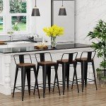 Set of 4 Black Metal Bar Stools with Wood Seats